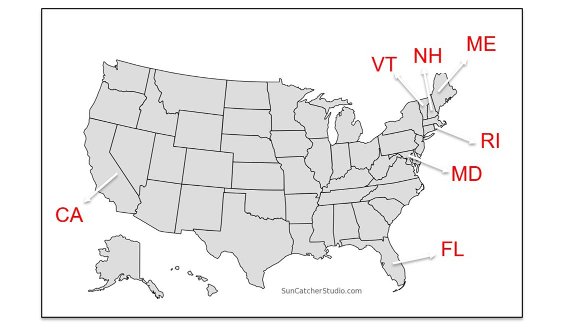 A map showing the 7 states (CA, FL, MD, ME, NH, RI, VT) that prohibit insurance companies from denying or canceling insurance, imposing a surcharge, or increasing rates solely on the basis of serving as a volunteer driver.