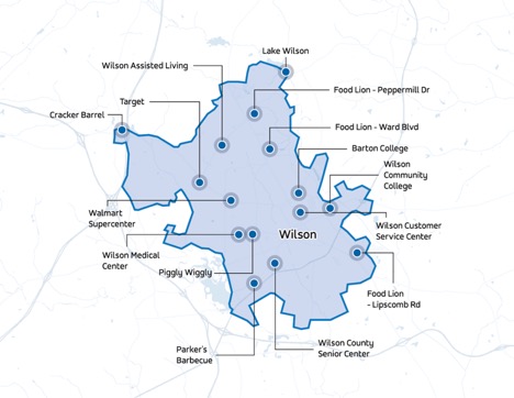 A map showing the destinations of Wilson, North Carolina's RIDEWilson on-demand service
