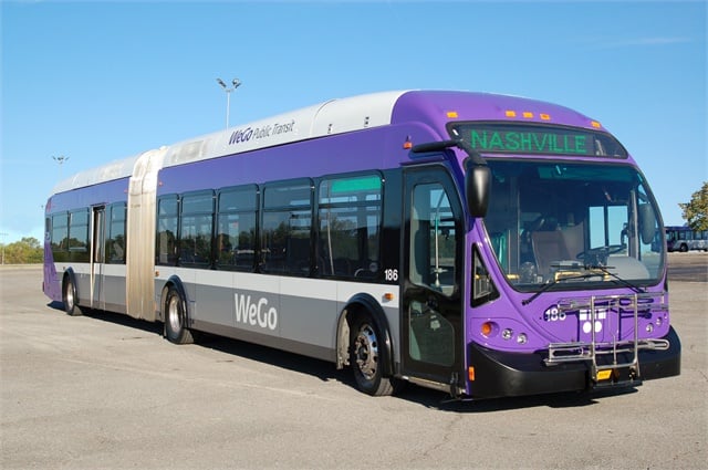 An articulated bus that says "WeGo" on the side